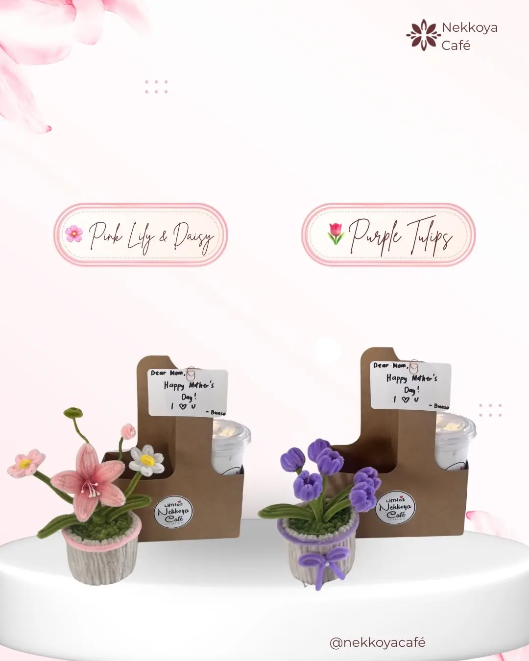 Handmade pink lily, daisy and purple tulip arrangements in Nekkoya Café gift boxes
