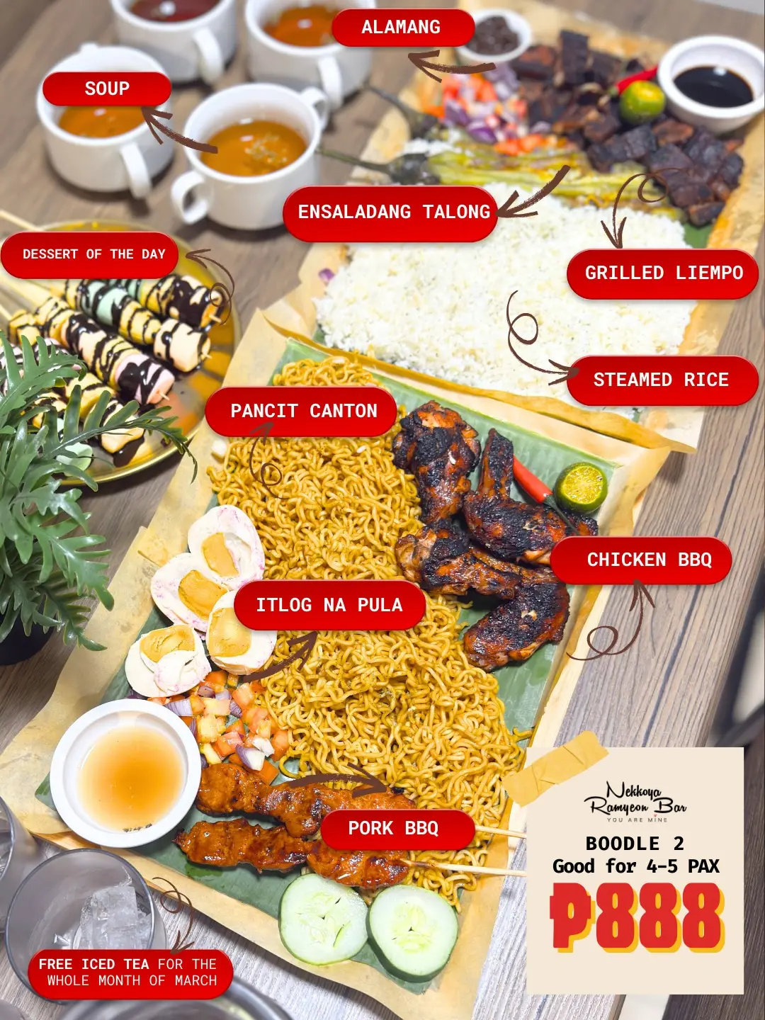 Larger boodle spread for 4 to 5 people with double rice, BBQ and sides